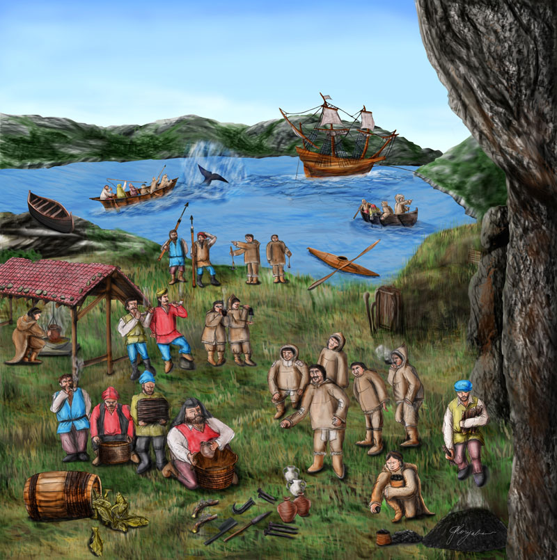 Interpretación naif sobre el trato, el intercambio, en el asentamiento Vasco-Inuit de Petit Mecatina. © Yabe.